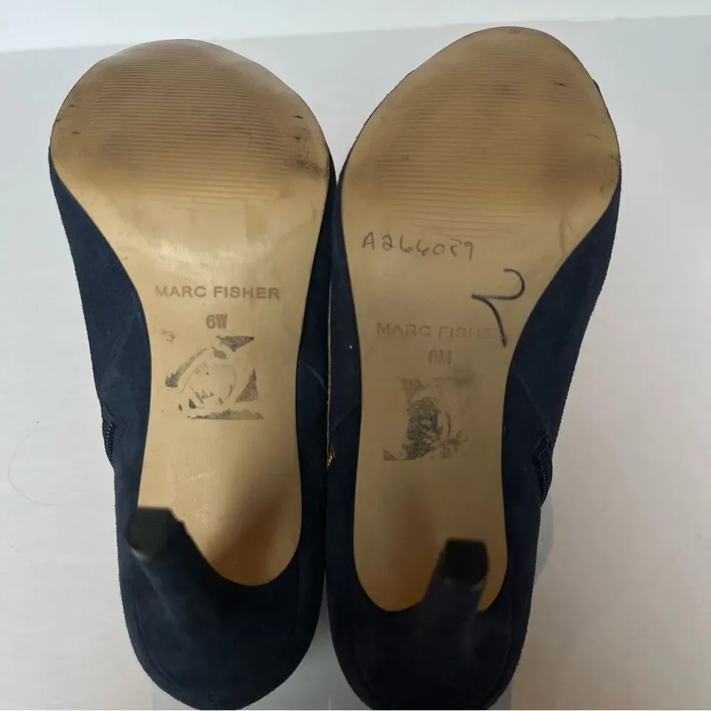 Marc Fisher Women's Elegant Navy Blue Suede Heeled Ankle Boots Open toe Size 6W